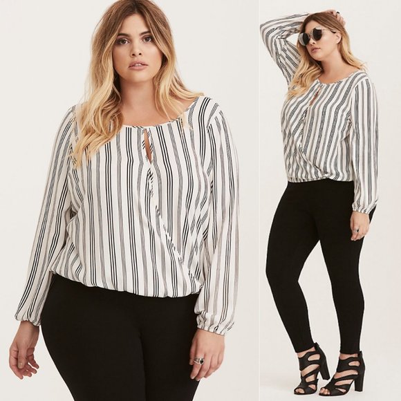 Torrid Ivory Striped Surplice Blouse - Picture 1 of 4